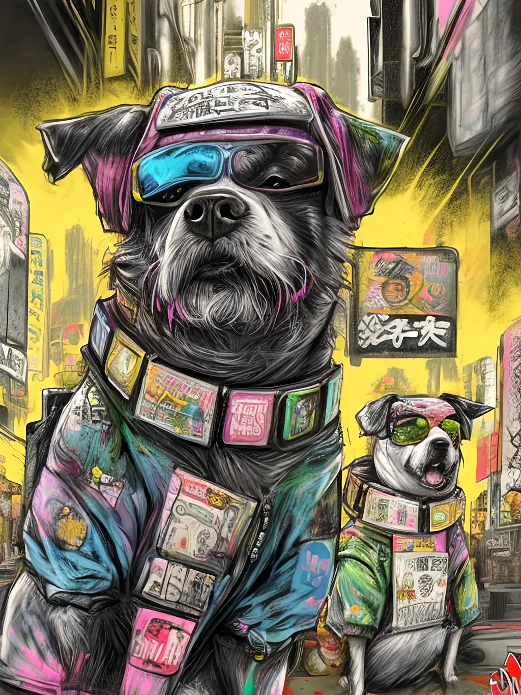 Prompt: pop art chalk pastel art of detailed dogs wearing gangster clothes playing in the streets in cyberpunk japan during a festival, sketch, detailed background, highres, fun atmosphere, natural lighting,  abstract, fun