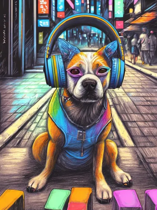 Prompt: pop art chalk pastel art of a detailed dog listening to music on the streets in cyberpunk japan during a festival, sketch, detailed background, highres, fun atmosphere, natural lighting,  abstract, fun