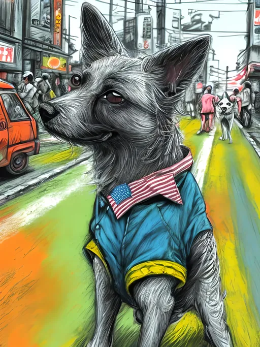 Prompt: pop art chalk pastel art of detailed dog wearing usa clothes playing in the streets in dystopian japan during a festival, sketch, detailed background, highres, fun atmosphere, natural lighting,  abstract, fun