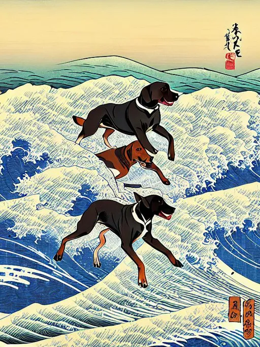 Prompt: black mountain cur dogs surfing in hiroshige wave 