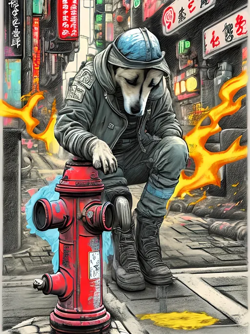 Prompt: pop art chalk pastel art of detailed dog peeing on a fire hydrant in cyberpunk japan during a festival, sketch, detailed background, highres, fun atmosphere, natural lighting,  abstract, fun