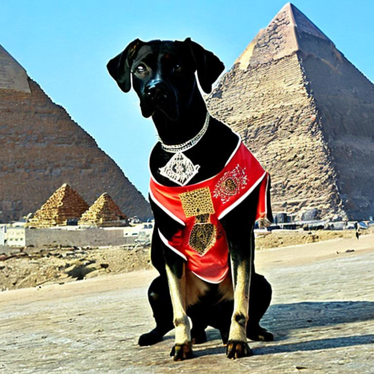 Prompt: black mountain cur dog dressed as yakuza in egypt