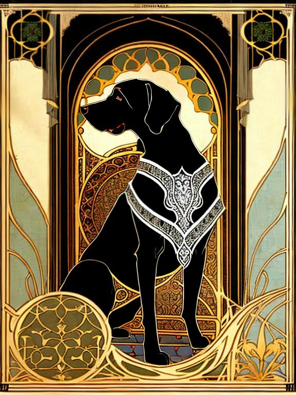 Prompt: black dog in persian clothing Art Nouveau style