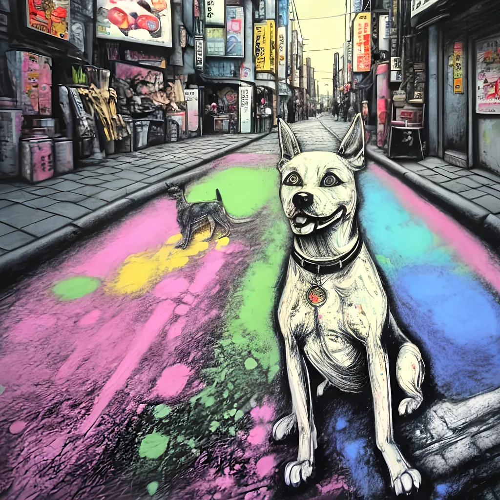 Prompt: pop art chalk pastel, a detailed grunge dog in the streets in japan, detailed background, natural lighting, highres, fun