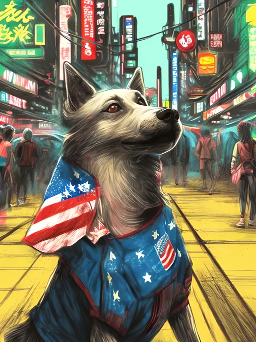 Prompt: pop art chalk pastel art of detailed dog wearing USA clothes playing in the streets in cyberpunk japan during a festival, sketch, detailed background, highres, fun atmosphere, natural lighting,  abstract, fun