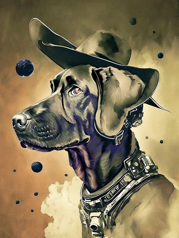 Prompt: Surrealism black dogs in cowboy outfits in space, abstract art style, cowboy hat, eerie atmosphere, floating celestial bodies, mysterious nebulae, dreamlike, surreal, high contrast, otherworldly, abstract, space, astronaut, eerie atmosphere, celestial bodies, dreamlike, surreal, high contrast, mysterious, nebulae, dogs