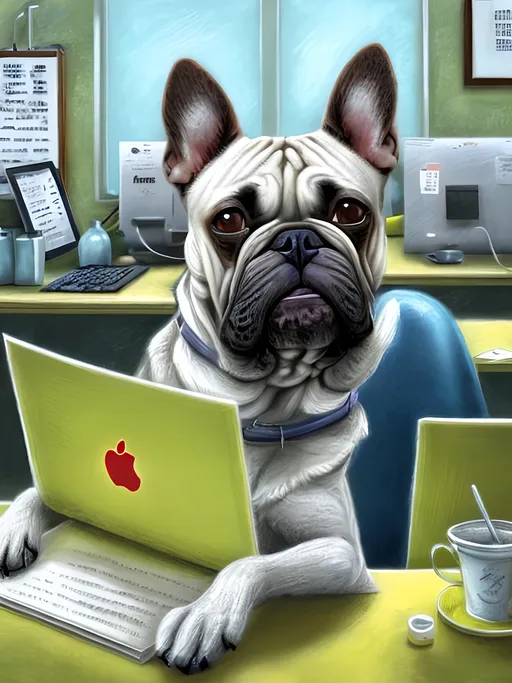 Prompt: chalk pastel style of a  detailed dog typing at a desk in an office, sketch, detailed background, highres, fun atmosphere, natural lighting,  abstract, fun