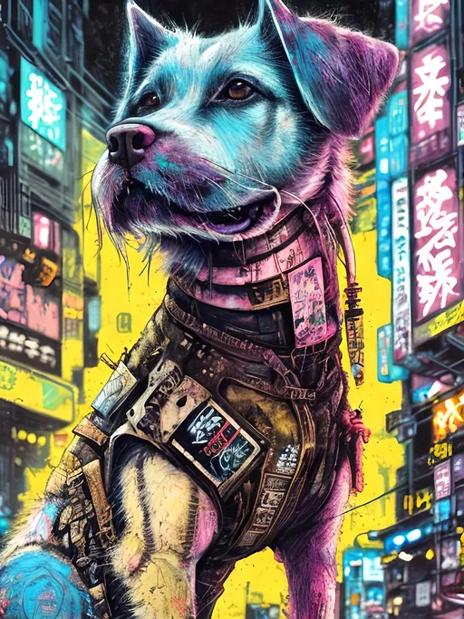 Prompt: a detailed grunge dog in cyberpunk Japan festival, pop art chalk pastel, natural lighting, highres, detailed streets, fun, cyberpunk, detailed fur, vibrant colors, lively atmosphere, street festival, urban setting, chalk pastel art, detailed background, Japan, pop art, grunge style, festival vibes, sketch