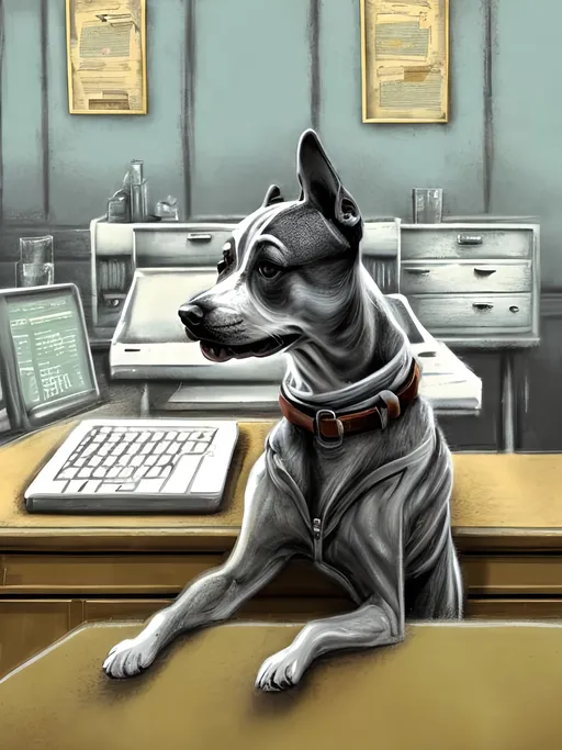 Prompt: chalk pastel style of a  detailed dog typing at a desk in an office, sketch, detailed background, highres, fun atmosphere, natural lighting,  abstract, fun