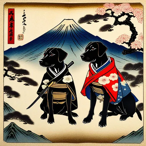 Prompt: black mountain cur dogs in hiroshige wearing samurai clothes