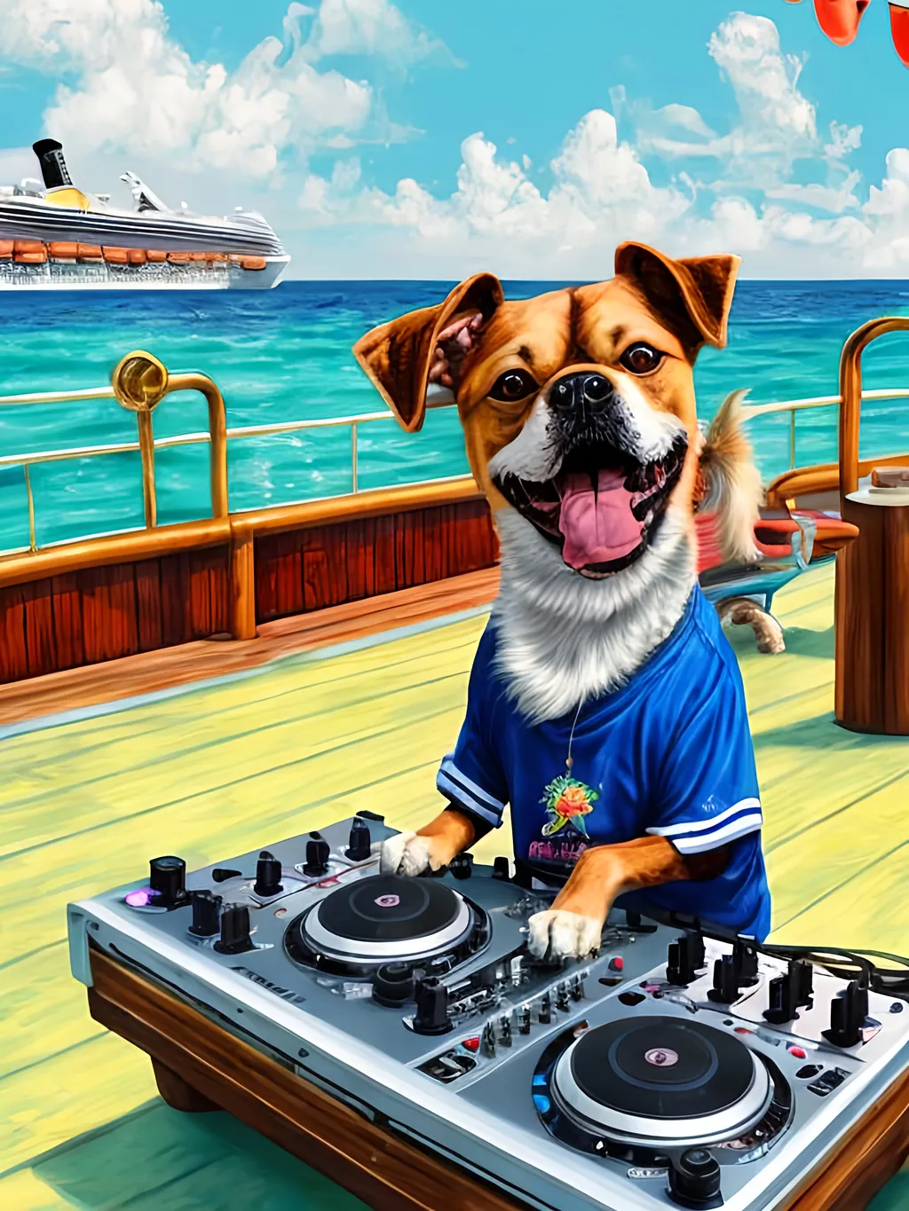 Prompt: chalk pastel style of a  detailed dog DJing on a cruise in Cancun, sketch, detailed background, highres, fun atmosphere, natural lighting,  abstract, fun