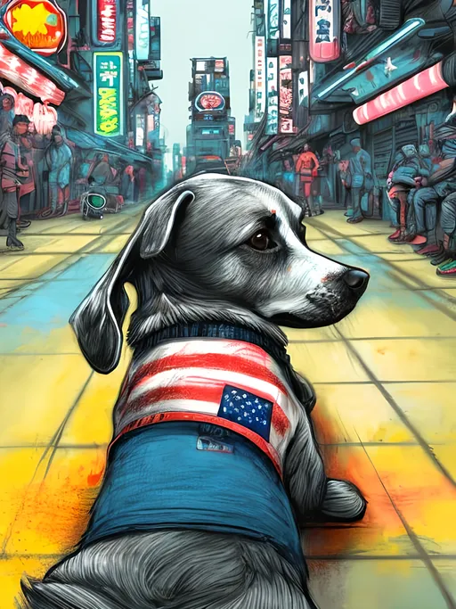 Prompt: pop art chalk pastel art of detailed dog wearing USA clothes playing in the streets in cyberpunk japan during a festival, sketch, detailed background, highres, fun atmosphere, natural lighting,  abstract, fun