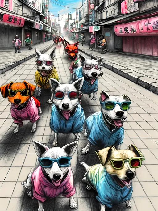 Prompt: pop art chalk pastel art of detailed dogs wearing gangster clothes playing in the streets in japan during a festival, sketch, detailed background, highres, fun atmosphere, natural lighting,  abstract, fun