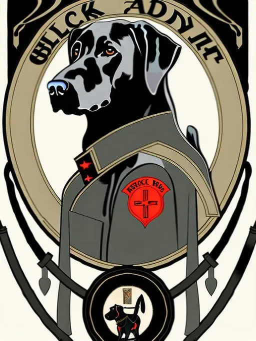 Prompt: black dog in soldier clothing Art Nouveau style