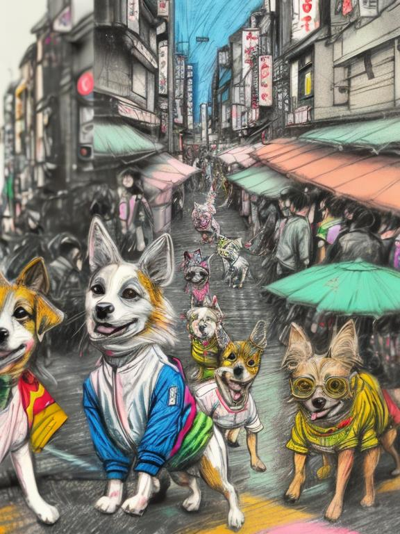 Prompt: pop art chalk pastel art of detailed dogs wearing clothes playing in the streets in japan during a festival, sketch, detailed background, highres, fun atmosphere, natural lighting,  abstract, fun