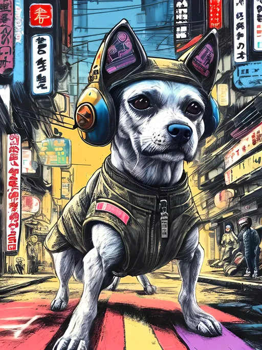 Prompt: pop art chalk pastel art of a detailed dog wearing a pilot uniform playing in the streets in cyberpunk japan during a festival, sketch, detailed background, highres, fun atmosphere, natural lighting,  abstract, fun