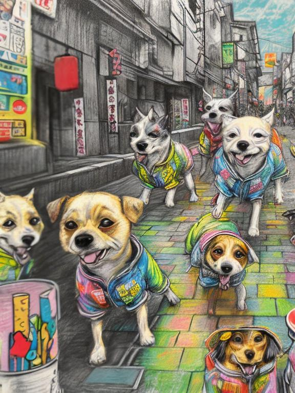 Prompt: pop art chalk pastel art of detailed dogs wearing clothes playing in the streets in japan during a festival, sketch, detailed background, highres, fun atmosphere, natural lighting,  abstract, fun