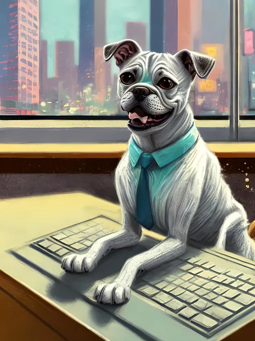 Prompt: chalk pastel style of a  detailed dog typing at a desk in a modern city office, sketch, detailed background, highres, fun atmosphere, natural lighting,  abstract, fun