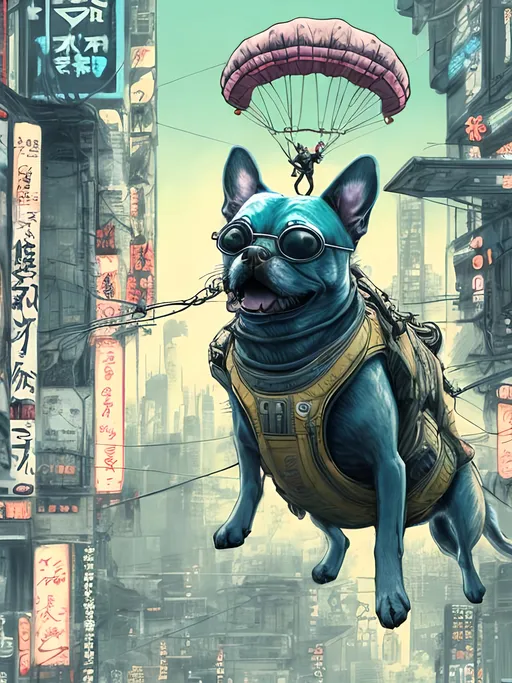 Prompt: chalk pastel style of a  detailed dog parachuting in cyberpunk japan, sketch, detailed background, highres, fun atmosphere, natural lighting,  abstract, fun