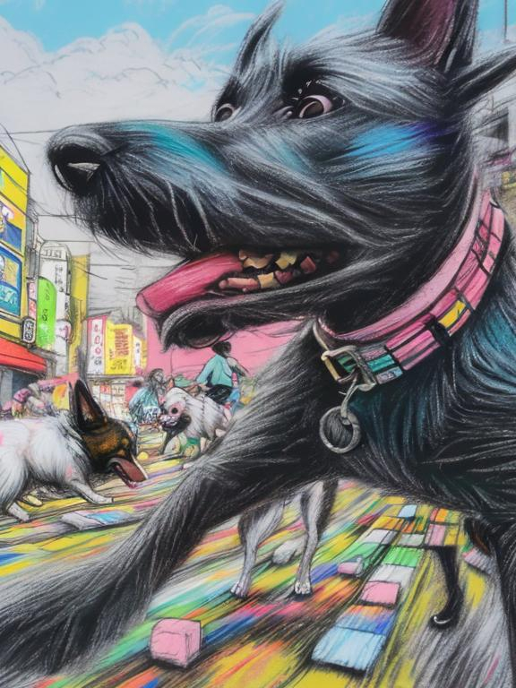 Prompt: pop art chalk pastel art of detailed dogs wearing clothes playing in the streets in japan during a festival, sketch, detailed background, highres, fun atmosphere, natural lighting,  abstract, fun