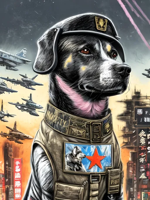 Prompt: pop art chalk pastel art of a detailed dog wearing a military uniform on the streets in cyberpunk japan during a festival with planes in the background, sketch, detailed background, highres, fun atmosphere, natural lighting,  abstract, fun