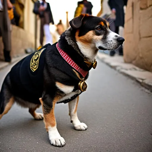 Prompt: black mountain cur dog dressed as yakuza in egypt