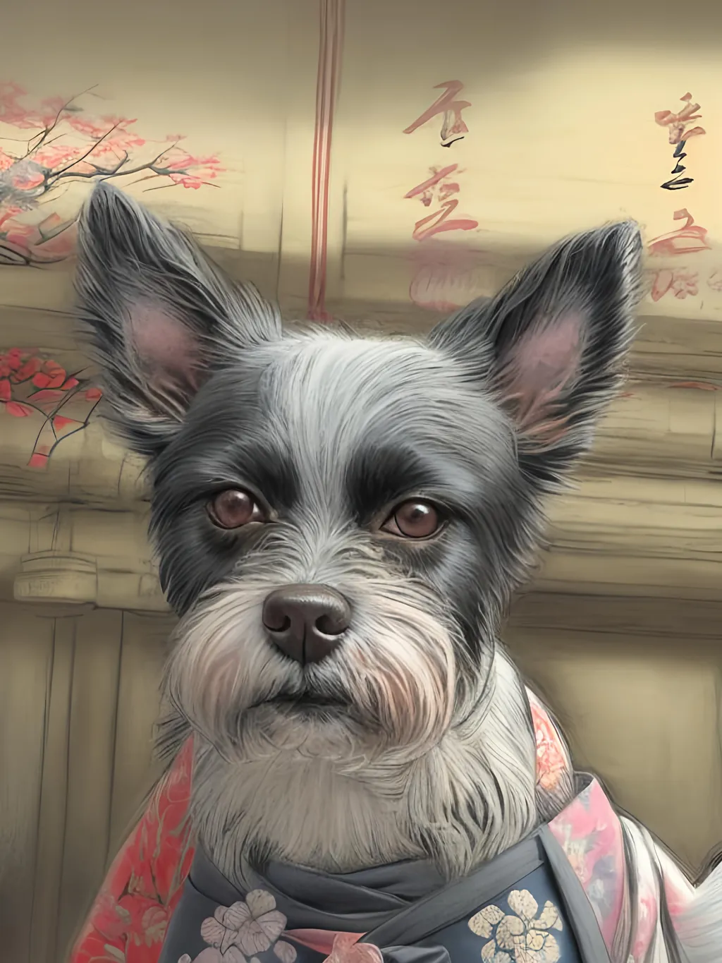 Prompt: chalk pastel style of a  detailed dog in a kimono at a shrine, sketch, detailed background, highres, fun atmosphere, natural lighting,  abstract, fun