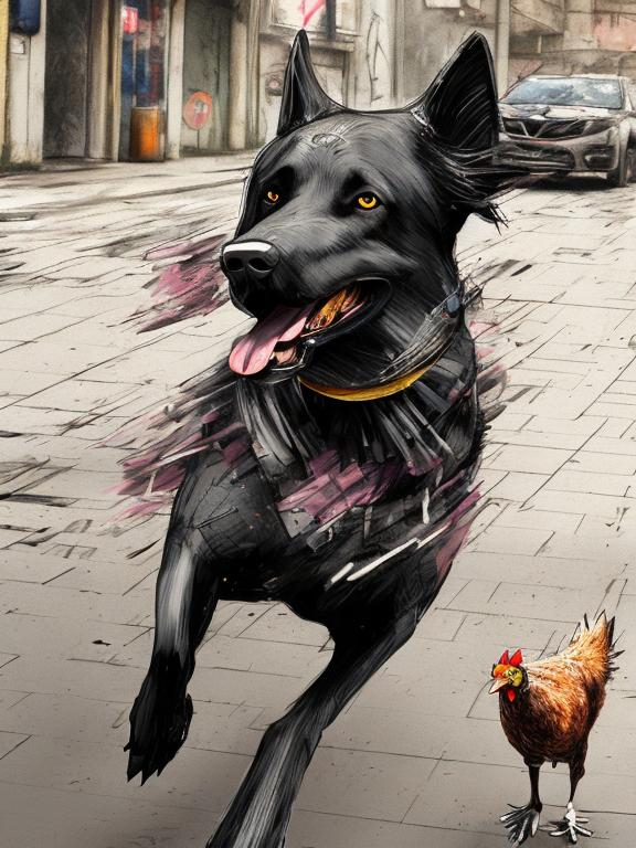 Prompt: a black dog wearing clothes chasing a chicken in the streets, sketch, detailed background, highres, fun atmosphere, natural lighting, pastel colors, abstract