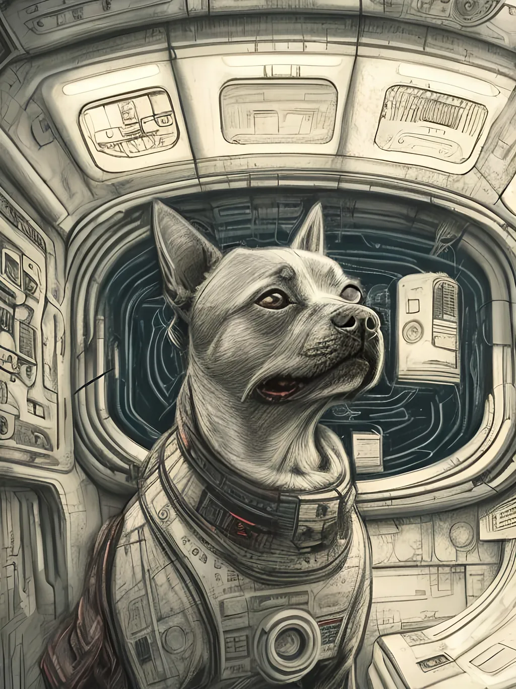 Prompt: chalk pastel style of a  detailed dog in a cyberpunk spaceship, sketch, detailed background, highres, fun atmosphere, natural lighting,  abstract, fun