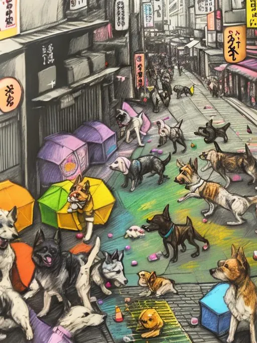 Prompt: pop art chalk pastel art of detailed dogs playing in the streets in japan during a festival, sketch, detailed background, highres, fun atmosphere, natural lighting,  abstract, fun