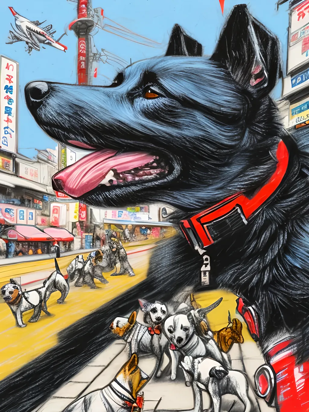 Prompt: pop art chalk pastel art of detailed dogs wearing pilot uniforms playing in the streets in japan during a festival, sketch, detailed background, highres, fun atmosphere, natural lighting,  abstract, fun