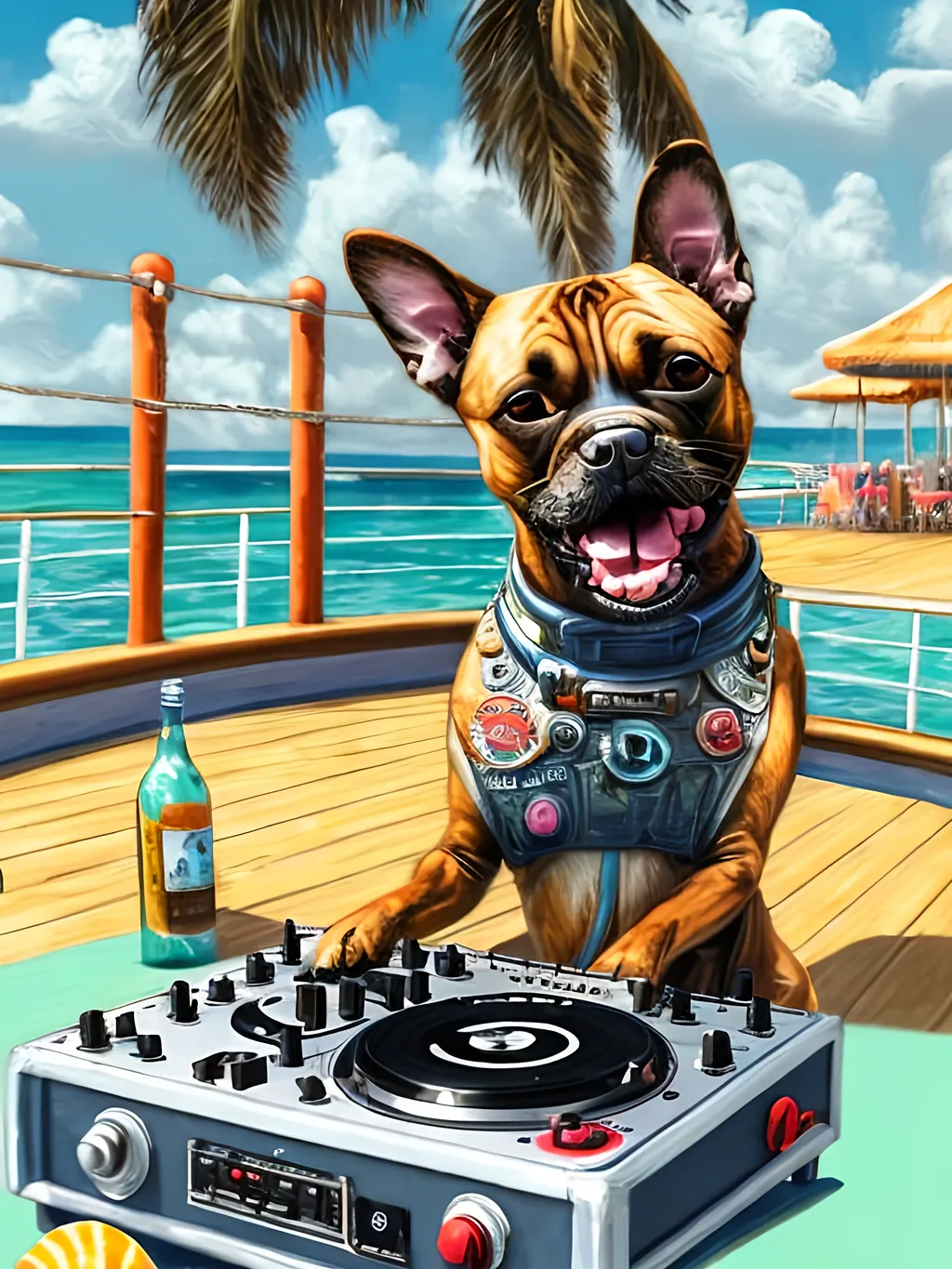 Prompt: chalk pastel style of a  detailed dog DJing on a cruise in Cancun, sketch, detailed background, highres, fun atmosphere, natural lighting,  abstract, fun