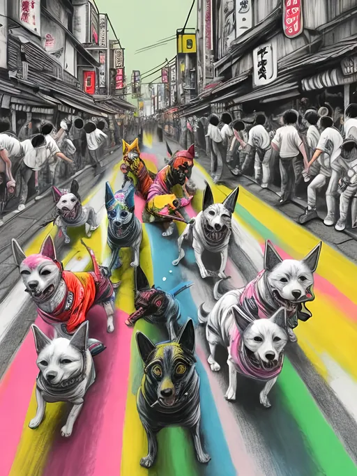 Prompt: pop art chalk pastel art of detailed dogs wearing gangster clothes playing in the streets in japan during a festival, sketch, detailed background, highres, fun atmosphere, natural lighting,  abstract, fun