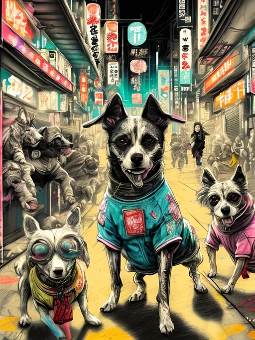 Prompt: pop art chalk pastel art of detailed dogs wearing gangster clothes playing in the streets in cyberpunk japan during a festival, sketch, detailed background, highres, fun atmosphere, natural lighting,  abstract, fun
