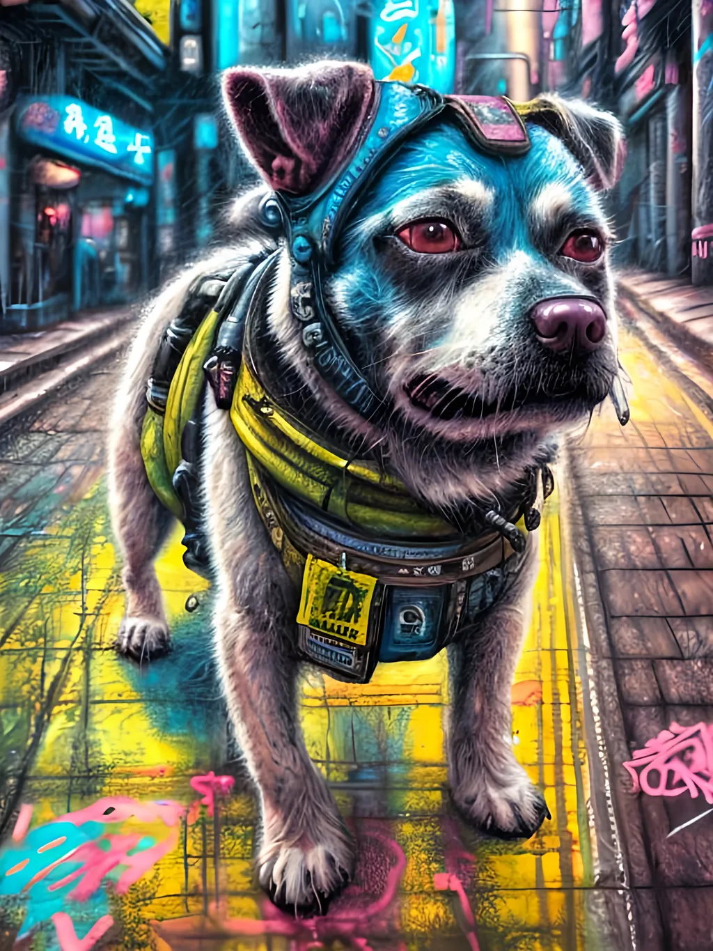 Prompt: Detailed chalk pastel of a dog punk, cyberpunk, highres, natural lighting, dog, cyberpunk japanese city streets, detailed background, happy, fun, detailed fur, chalk pastel, urban setting, futuristic, Japanese, light-hearted, atmospheric lighting, detailed eyes, street art, cyberpunk japan, professional