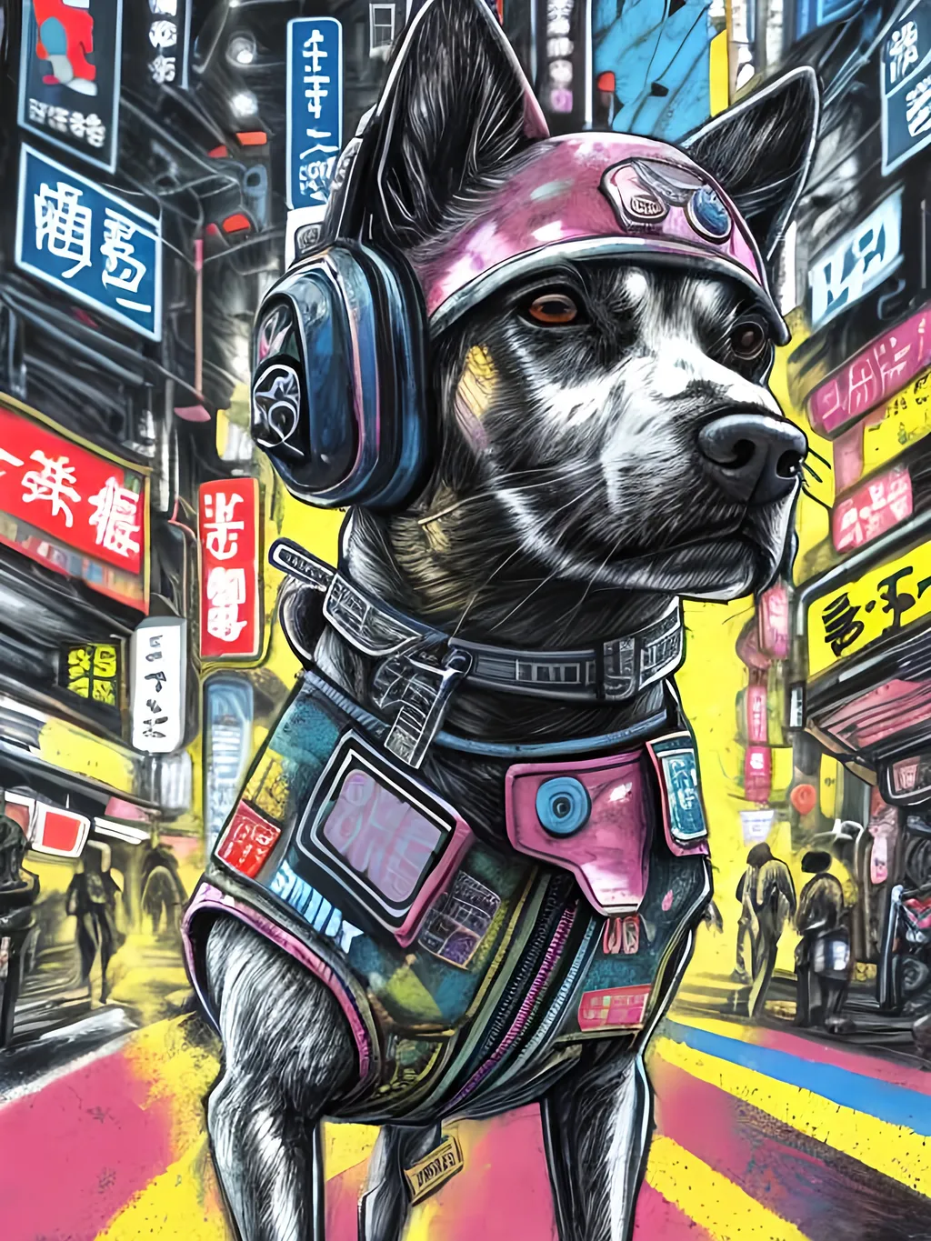 Prompt: pop art chalk pastel art of a detailed dog wearing a pilot uniform playing in the streets in cyberpunk japan during a festival, sketch, detailed background, highres, fun atmosphere, natural lighting,  abstract, fun