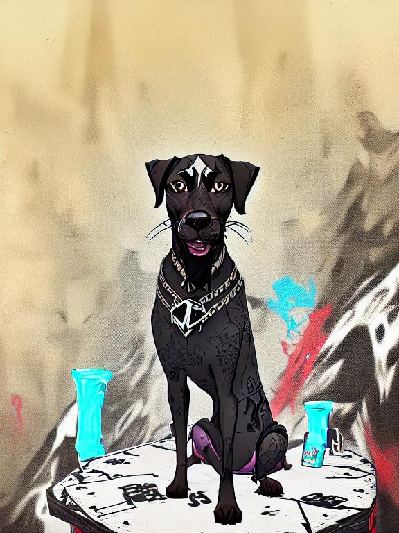 Prompt: mountain cur black dog in gangster clothing graffiti