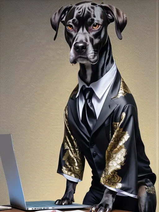 Prompt: all black mountain cur dog dressed as yakuza working on a laptop in an office hacking