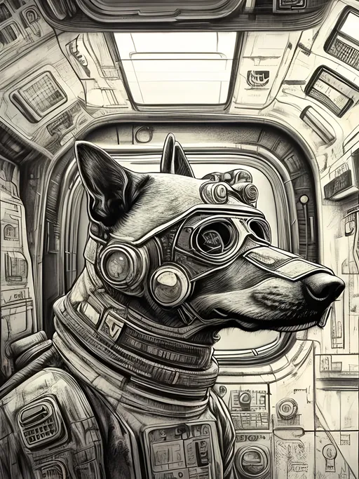 Prompt: pop art chalk pastel style of a  detailed dog in a cyberpunk spaceship, sketch, detailed background, highres, fun atmosphere, natural lighting,  abstract, fun