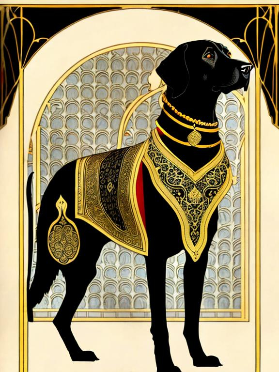 Prompt: black dog in persian clothing Art Nouveau style