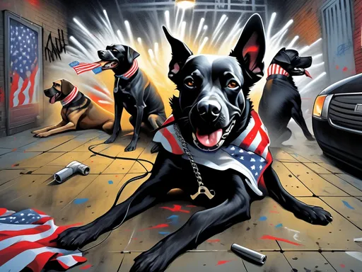 Prompt: surreal, Abstract art of a black dogs in gangster clothes, graffiti, streets, patriotic, detailed, atmospheric lighting, battle in the background, highres, abstract, gangster, detailed clothing, patriotic theme, streets, atmospheric lighting, dogs