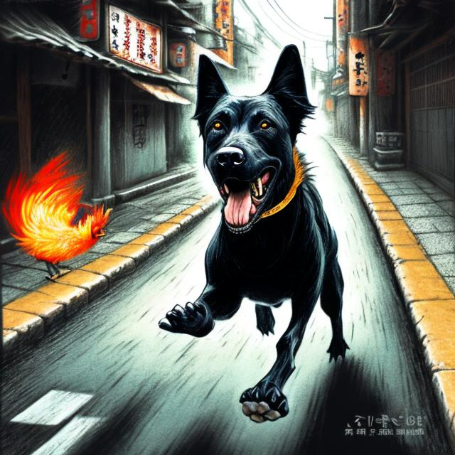 Prompt: chalk pastel art of a black dog wearing  clothes chasing a chicken in the streets in japan, sketch, detailed background, highres, fun atmosphere, natural lighting, pastel colors, abstract, fun