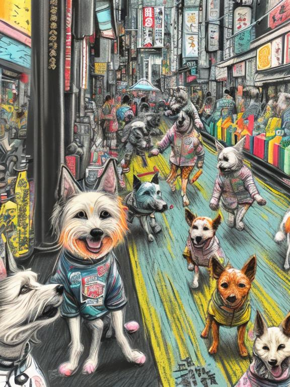 Prompt: pop art chalk pastel art of detailed dogs wearing clothes playing in the streets in japan during a festival, sketch, detailed background, highres, fun atmosphere, natural lighting,  abstract, fun