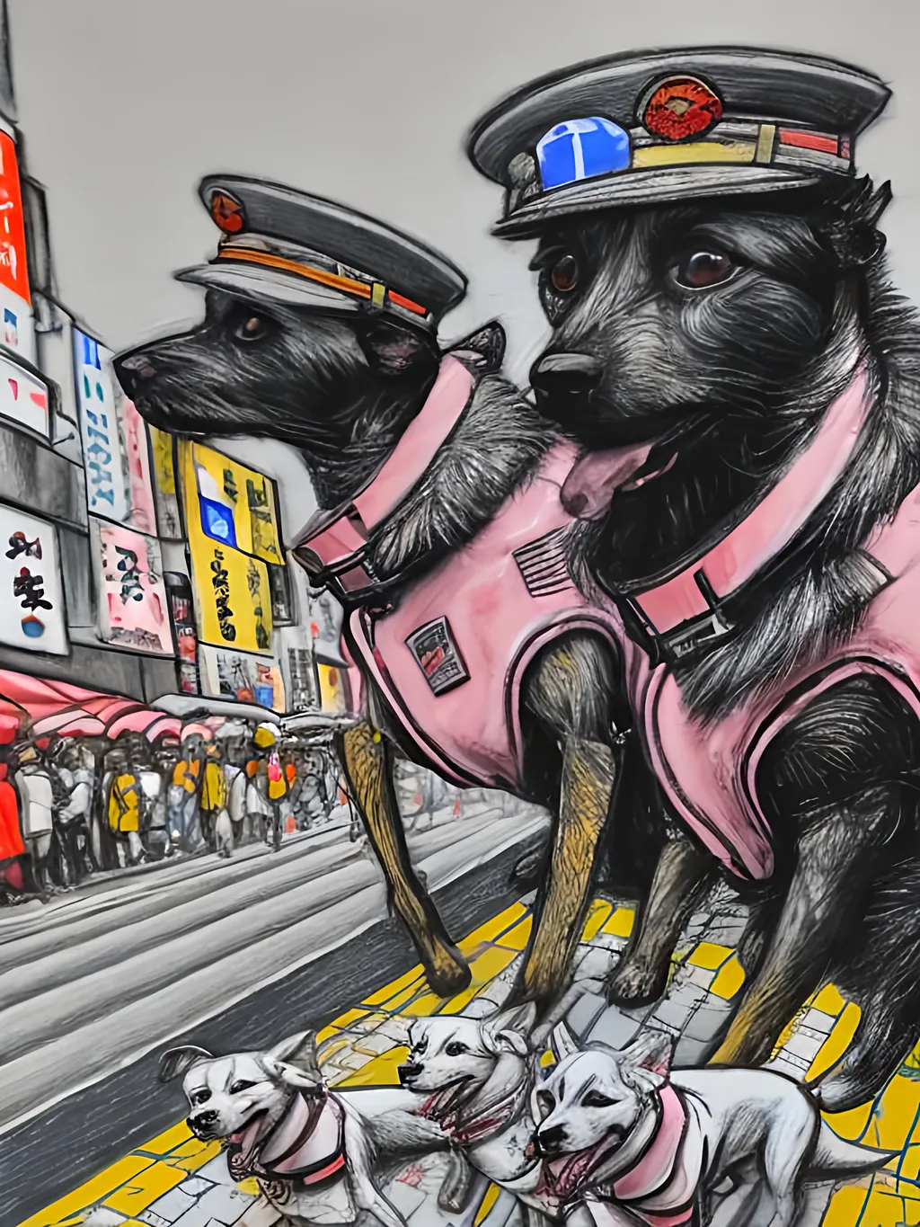 Prompt: pop art chalk pastel art of detailed dogs wearing pilot uniforms playing in the streets in japan during a festival, sketch, detailed background, highres, fun atmosphere, natural lighting,  abstract, fun