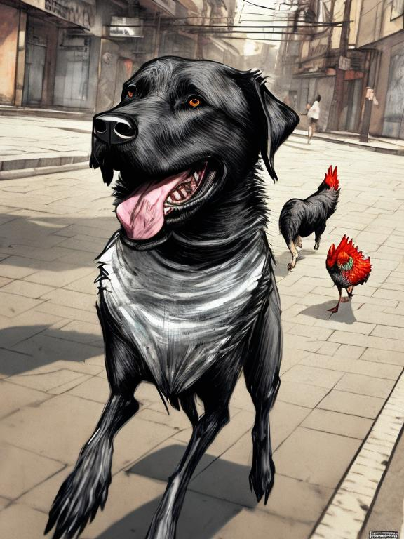 Prompt: a black dog wearing clothes chasing a chicken in the streets, sketch, detailed background, highres, fun atmosphere, natural lighting, pastel colors