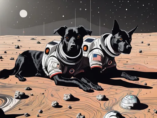 Prompt: abstract style art of black dogs in space in astronaut outfits