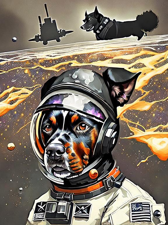 Prompt: Surrealism black dogs in soldier outfits in space, abstract art style, cowboy hat, fun atmosphere, floating celestial bodies, mysterious nebulae, dreamlike, surreal, high contrast, otherworldly, abstract, space, astronaut, fun atmosphere, celestial bodies, dreamlike, surreal, high contrast, mysterious, nebulae, dogs, usa, patriotic, trump