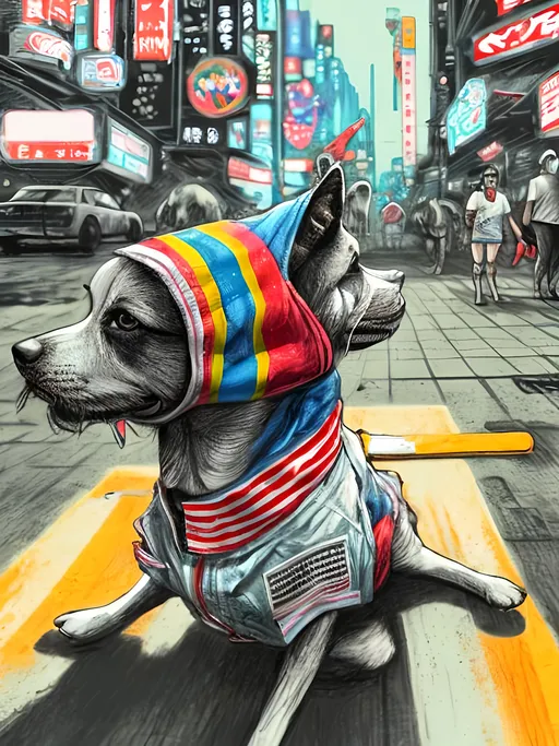 Prompt: pop art chalk pastel art of detailed dog wearing USA clothes playing in the streets in cyberpunk japan during a festival, sketch, detailed background, highres, fun atmosphere, natural lighting,  abstract, fun