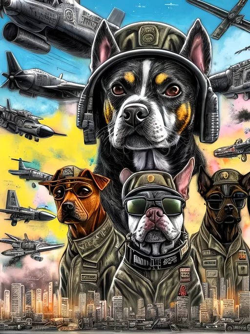 Prompt: pop art chalk pastel art of a detailed dogs wearing military uniforms on the streets in cyberpunk japan during a festival with planes in the background, sketch, detailed background, highres, fun atmosphere, natural lighting,  abstract, fun