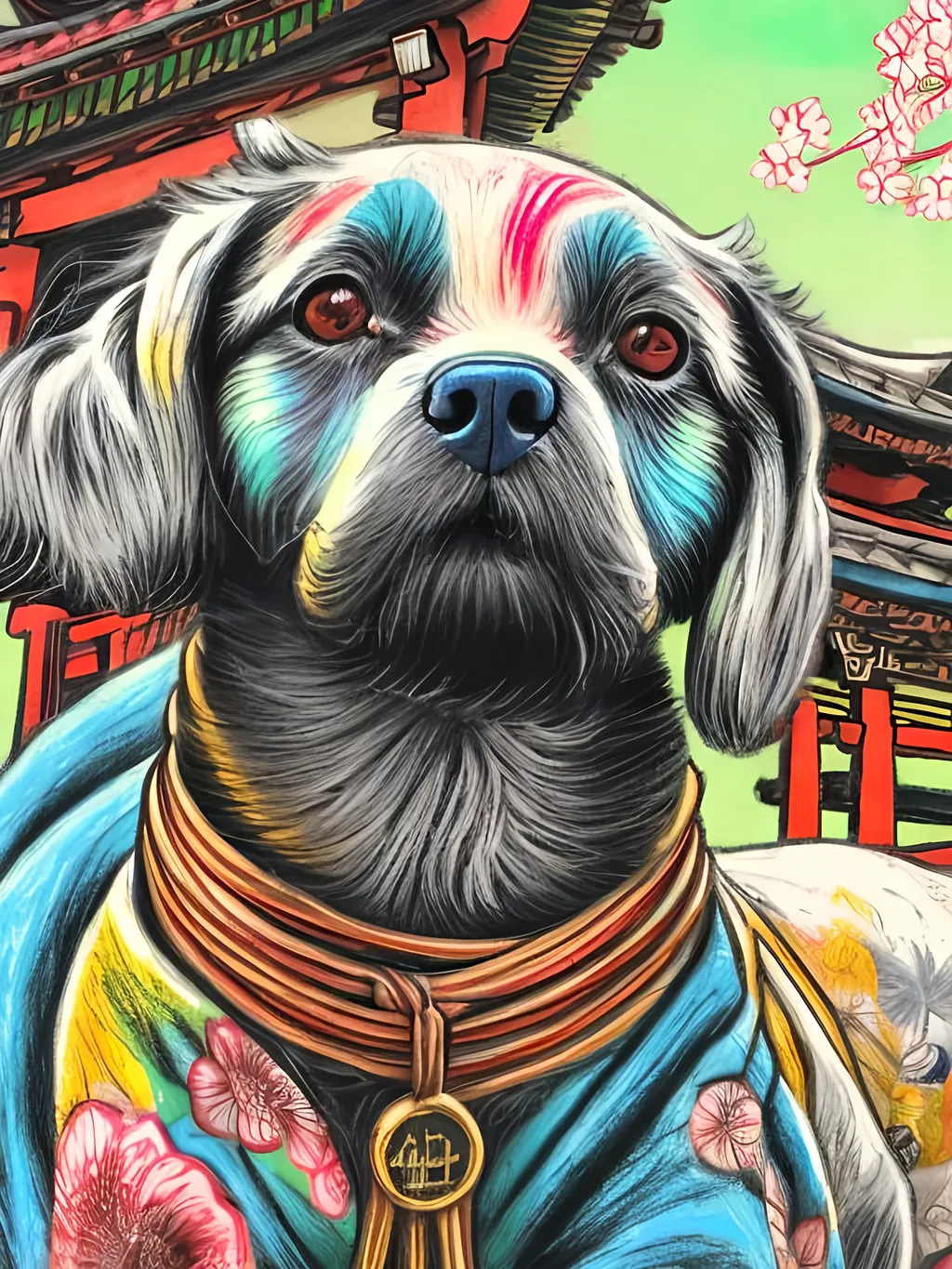 Prompt: pop art chalk pastel style of a  detailed dog in a kimono at a shrine, sketch, detailed background, highres, fun atmosphere, natural lighting,  abstract, fun